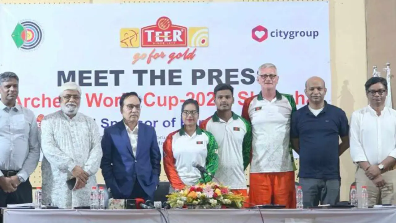 The archery world cup team at a press conference ahead of the World Cup.