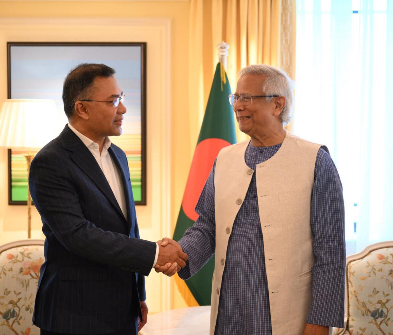 Tarique Rahman Gifts Books and Pen to Professor Yunus